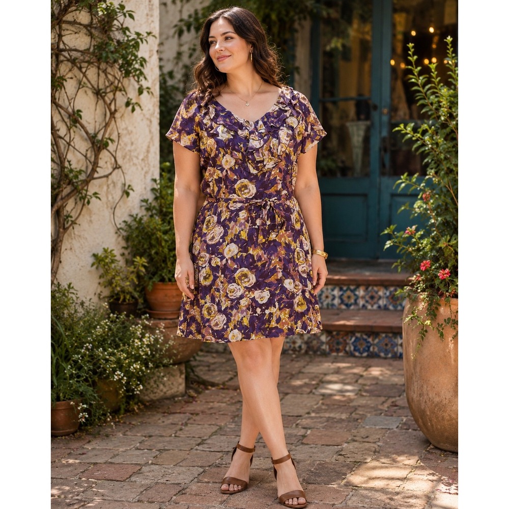496. Lands End Floral Ruffle Neck Tie Waist Dress Purple Gold 14P